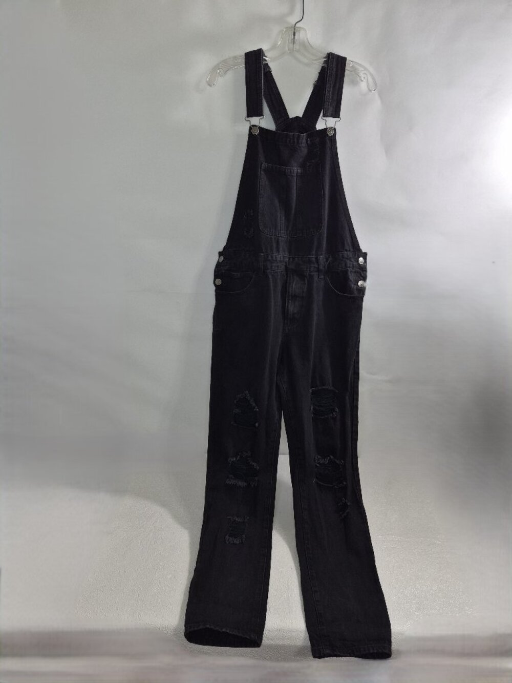 Forever 21 Mens L Black Cotton Distressed Long Pant Adjustable Overalls Grunge